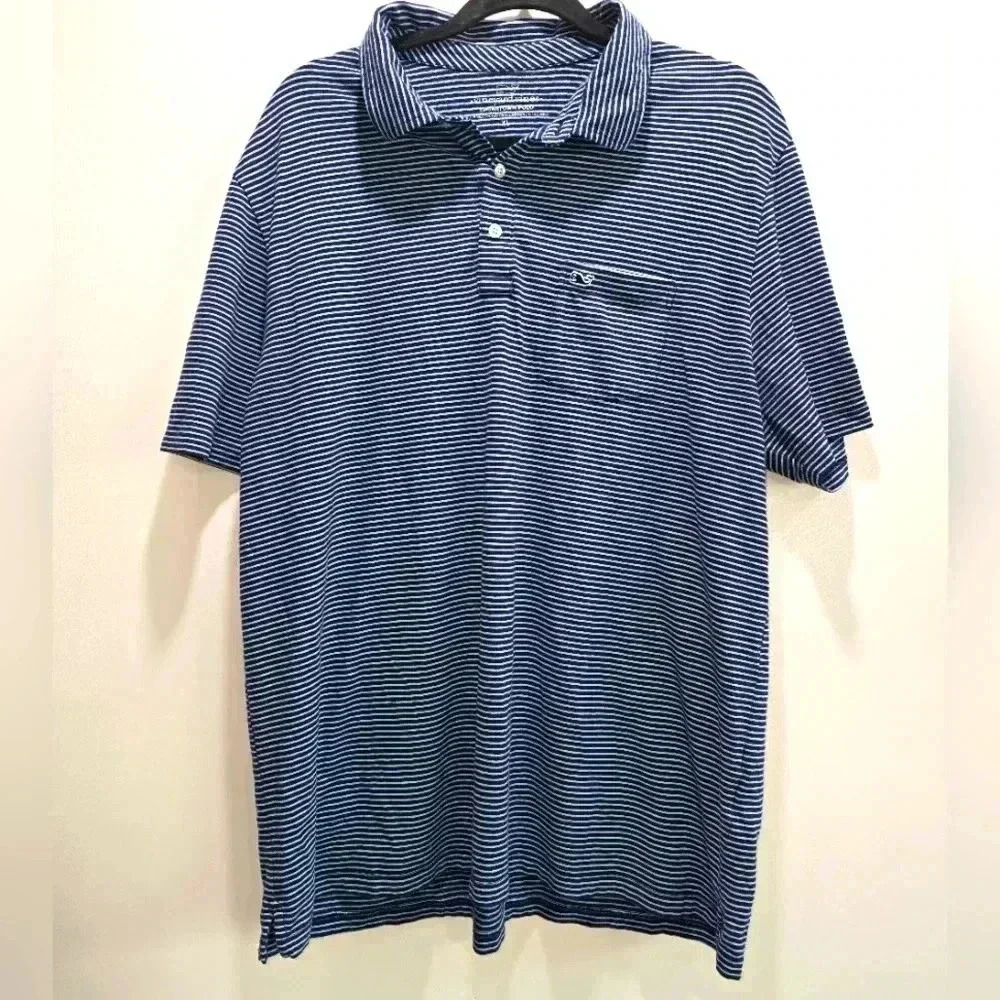 Vineyard Vines Polo Shirt Mens Large XL Blue Striped Short Sleeve WhaleFlipping